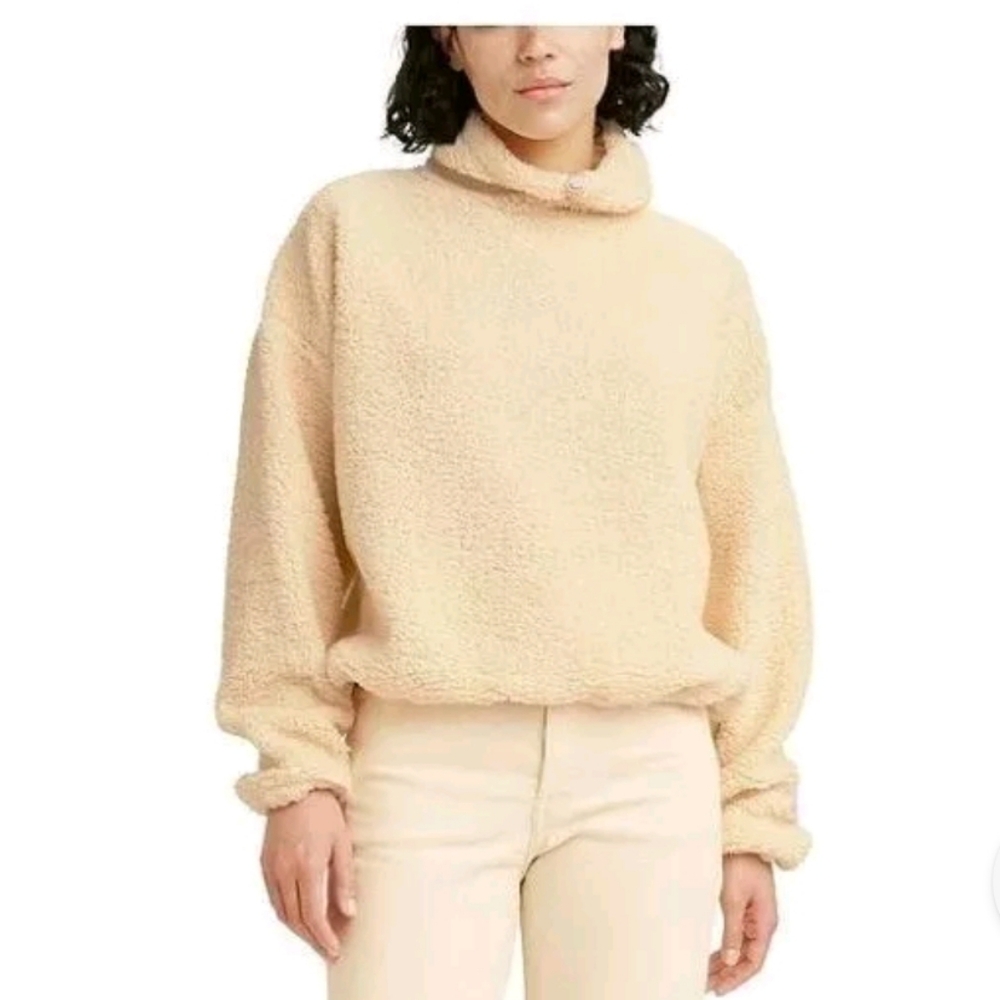 NWT Levis Sherpa Mock Fleece Cropped Pullover Adjustable Cream Top